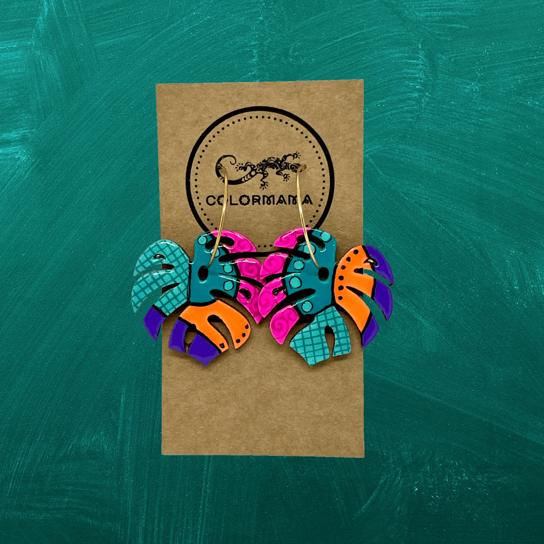 kolczyki drewniane Monstera Patchwork